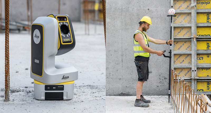 Un ouvrier de chantier utilise le Leica iCON iCS50 et la Leica iCON vPole pour implanter des points sur le site.